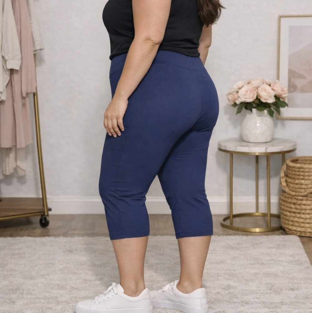 Women with Control Leggings Size 2XT High Waist Capri Navy Blue 86% Cotton 27”